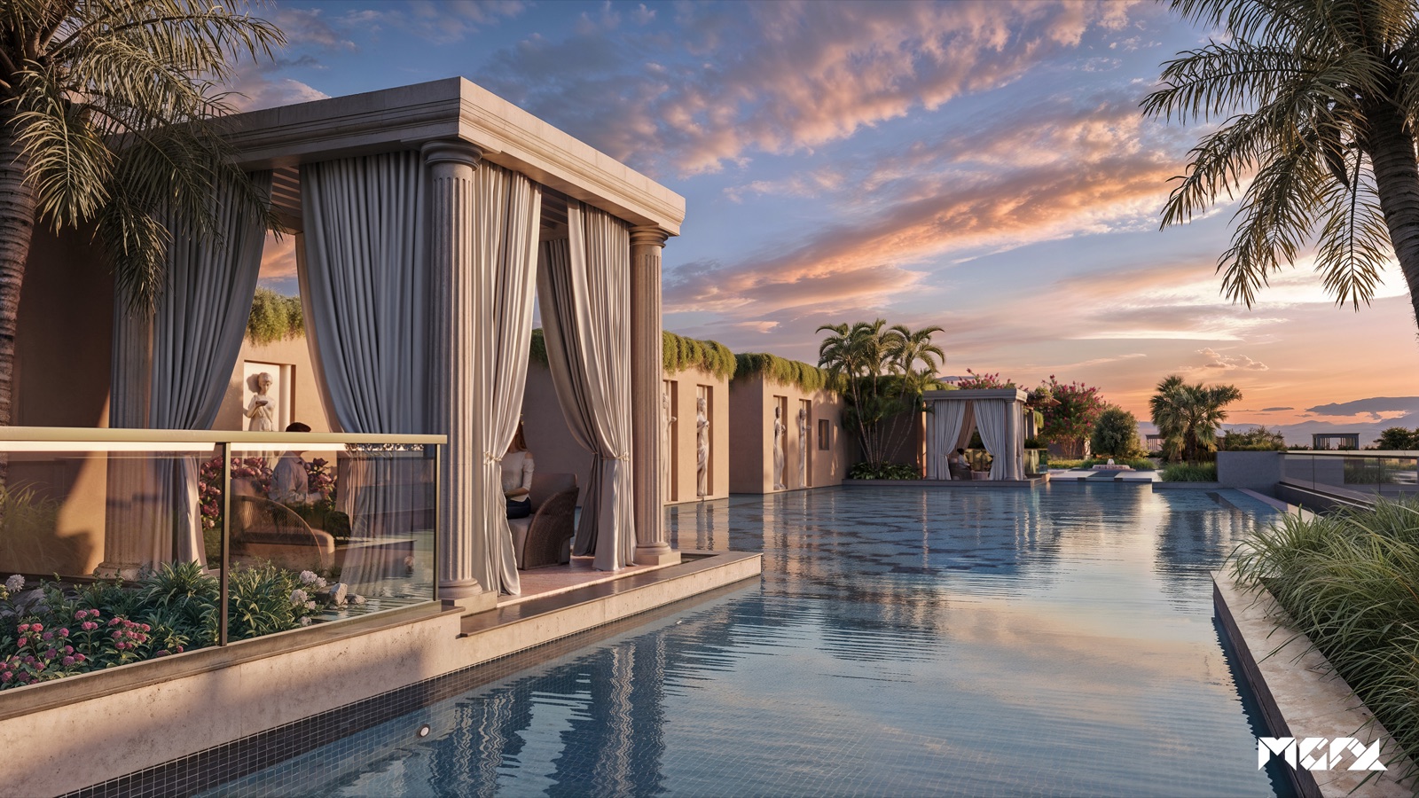 Gillco Meraqui luxury poolside cabanas at sunset